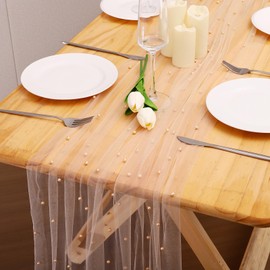 BINBE - Camino de mesa con perlas para primavera, verano, rústico, bohemio, de 10 pies, para baby shower, boda, velo, día festivo, decoración de mesa de postre, champaña