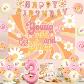 Jollyboom Groovy 3rd Birthday Decorations for Girls, Young Wild and Three Birthday Backdrop Retro Hippy Boho Happy Birthday Banner Daisy Flower Power Pink 3 Foil Balloons for Third Birthday Party