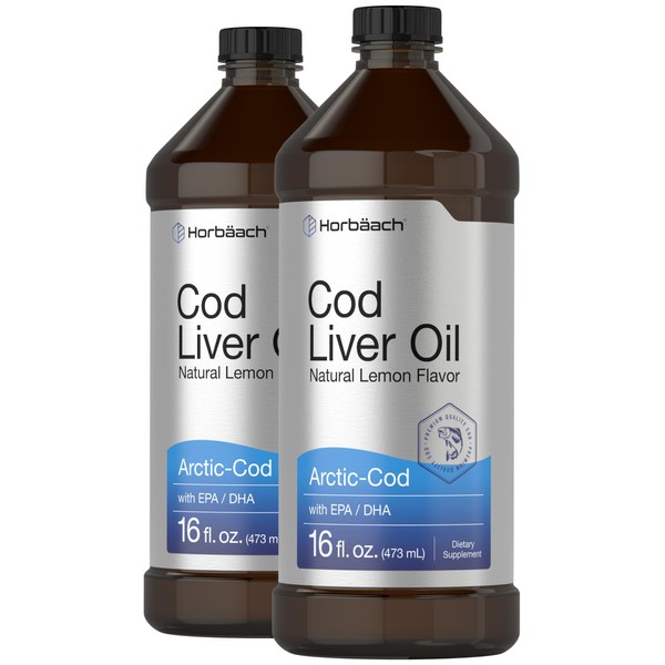 Arctic Cod Liver Oil with EPA/DHA | 2 x 16 fl oz | Natural Lemon Flavor | Non-GMO & Gluten Free Liquid Supplement | by Horbaach