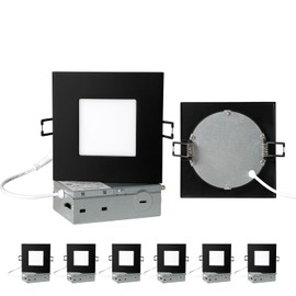ZYC 4-inch Square Recessed Lighting - Ultra Thin Dimmable Square LED Ceiling Light,5 Color Temperature 2700-5000K Selectable,9W 800LM High Brightness,Canless Wafer Downlight,Pack of 6 Black.