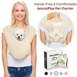 AnccoPlus Dog Carriers for Small Dogs, Front Facing Dog Sling Carrier, Hands Free Cat Carrier, Size Adjustable, Reducing Back Pain, Premium Cotton, Safe and Soft Dog Carrier (Plus, Beige)