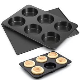 Xosjska 6 Cup Straight Side Jumbo English Muffin Cupcake Pan with Lid, Nonstick Hamburger Bun Pan, Nonstick Baking Tin Tray Mold for Baking Burger Buns Roll Focaccia Quiche Pancake
