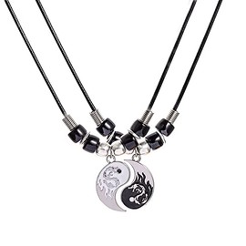 COLORFUL BLING 2 Pieces Yin Yang Friend Pendant Necklace Dragon Matching Unique TaiChi Fish Couple Necklace Cord BFF Friendship Bestie Engagement BFF Jewelry-double black