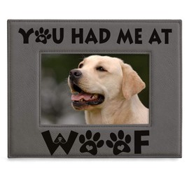 KATE POSH - You had me at WOOF Engraved Leather Picture Frame - Dog Lover Gifts, Birthday Gifts, Pet Memorial Gifts, New Puppy Gifts, Paws and Bones Decor (4x6-Horizontal)