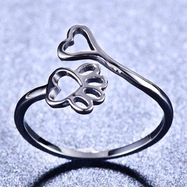 Caiyao Paw Print Love Heart Ring - Adjustable Size 5-9, Platinum Plated, Paw Ring Color - Perfect Pet Memorial/Gift