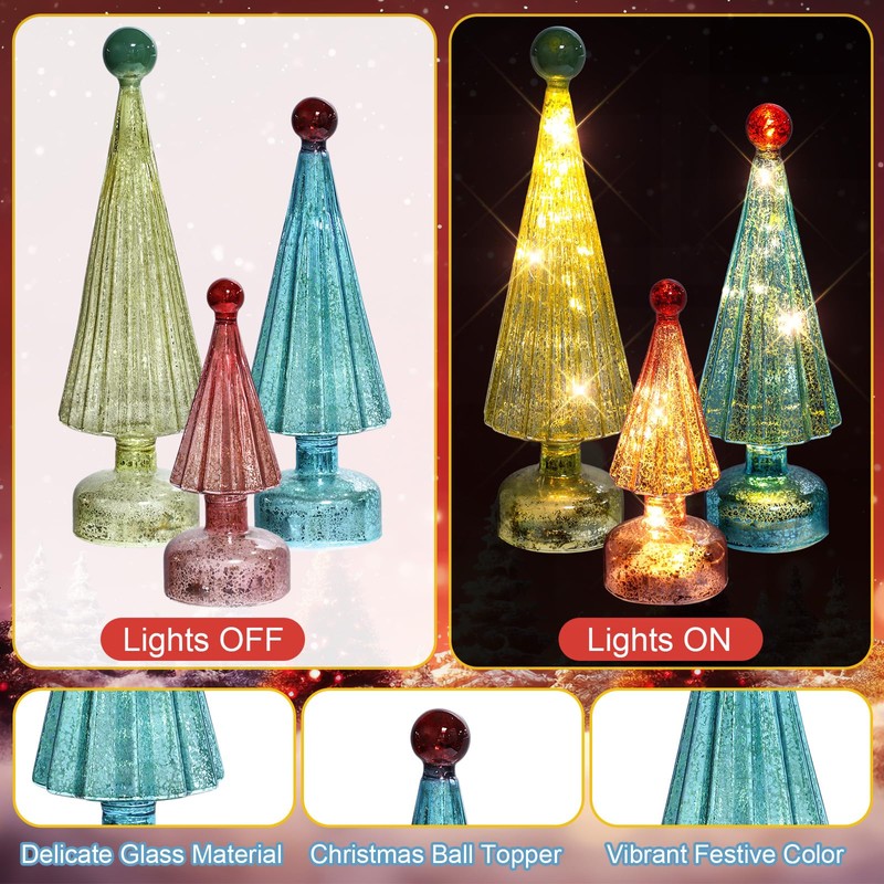 6 Pack Glass Christmas Trees Lighted Tabletop Decoration Mini Small