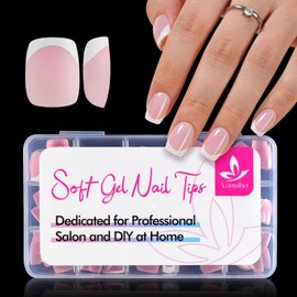 Vansiho Vansiho Pink French Gel Nail Tips, Short Round Soft Gel Nail Tips Square, French Tips Press on Nails, 150 Pcs Box of DIY False Nails, 15 Sizes