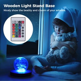 Homaisson Wooden Light Stand Bases 4PCS Colorful LED Lights Display Bases with Remote Control 16 Color Round Lighted Bases Table Lamp Centerpieces for Crystal Glass Resin Art, 3.94 Inch