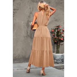 PRETTYGARDEN Women's Summer Maxi Sun Dress Sleeveless Halter Neck Flowy Ruffle Hem Long Boho Dresses with Belt (Solid Apricot,Medium)