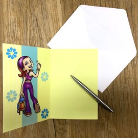 AFIE Happy Birthday Card for Girls with Sequins and Envelope 12 x 17.5 cm Illustration Child Teenager Wink Handbag Backpack Sports Dance Gymnastics Fitness Flowers 900039