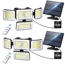 CLAONER Solar Outdoor Lights Motion Sensor 3500LM 288 LED Solar Security Lights with Remote Control IP67 Waterproof 4 Heads Solar Flood Lights with 16.4ft Cable 4 Modes Wall Lights(2 Pack)