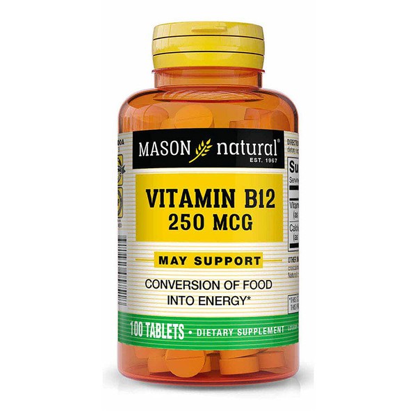 MASON NATURAL Vitamin B12 250 mcg with Calcium - Healthy Conversion of Food into Energy, Supports Nerve Function and Health, 100 Tablets