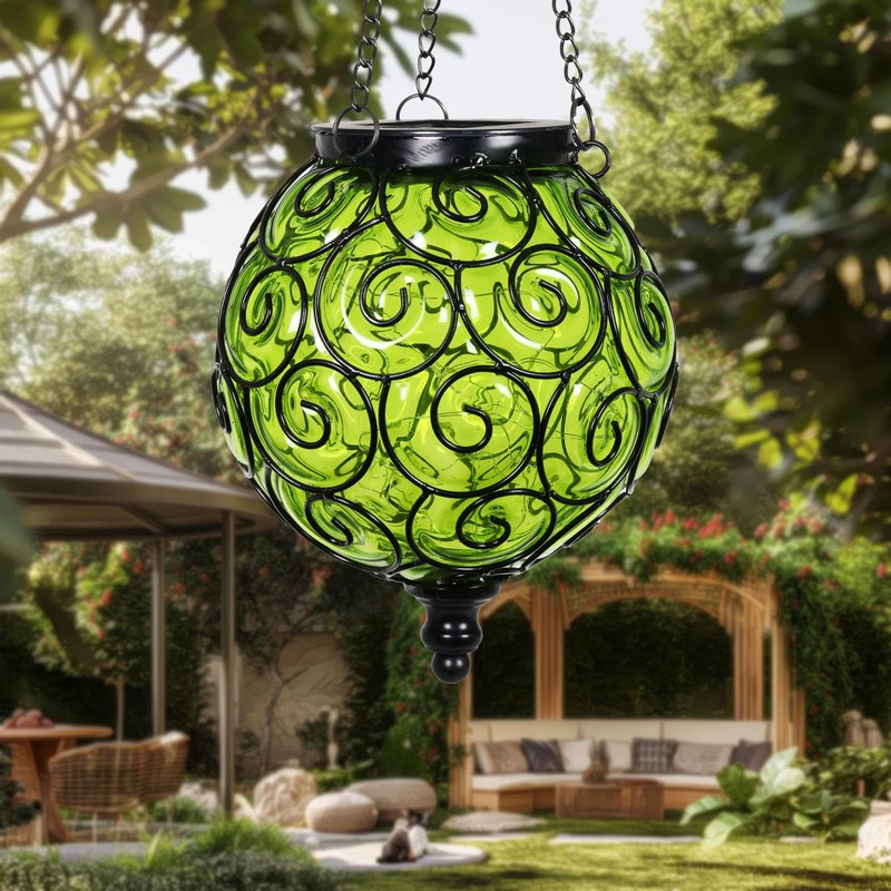 Naboher Solar Hanging Lantern Outdoor Garden Lights, Round Glass and