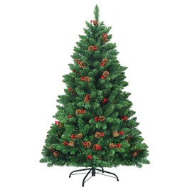 Happygrill 4.5FT Pre-Lit Christmas Tree Hinged Artificial Christmas Tree with Sturdy Metal Stand Pine Cones and Red Berries, 516 Branch Tips Xmas Christmas Tree for Home Office