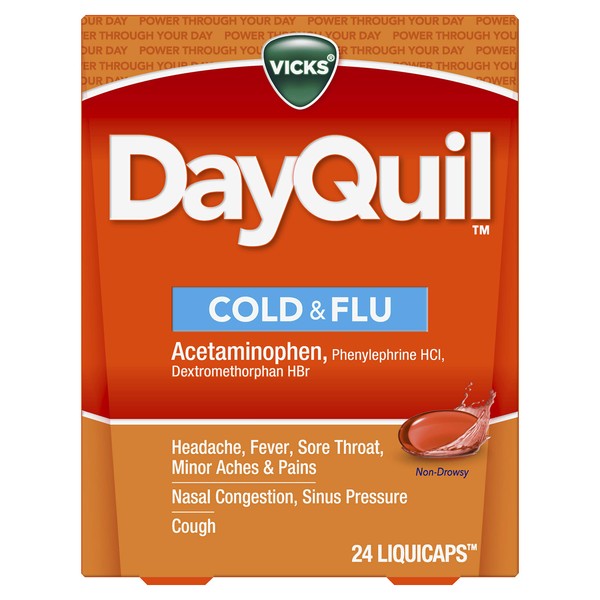 Vicks DayQuil Cold & Flu Medicine, Non-Drowsy Powerful Multi-Symptom Daytime Relief for Headache, Fever, Sore Throat, Minor Aches and Pains, Nasal Congestion, Sinus Pressure and Cough, 24 Liquicaps