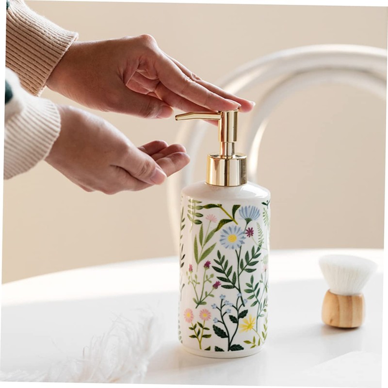 Sosoport Ceramic Flower Printing Lotion Dispenser Stylish Pump Bottle for