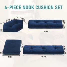 BALAPET Breakfast Nook Cushions Set 4 Piece Cushion Pad Set for Kitchen Breakfast Dining Nook,Shredded Foam Support Fits in Sets with Corner Benches, Mid Century Modern Small Dining Table Sets(Blue)