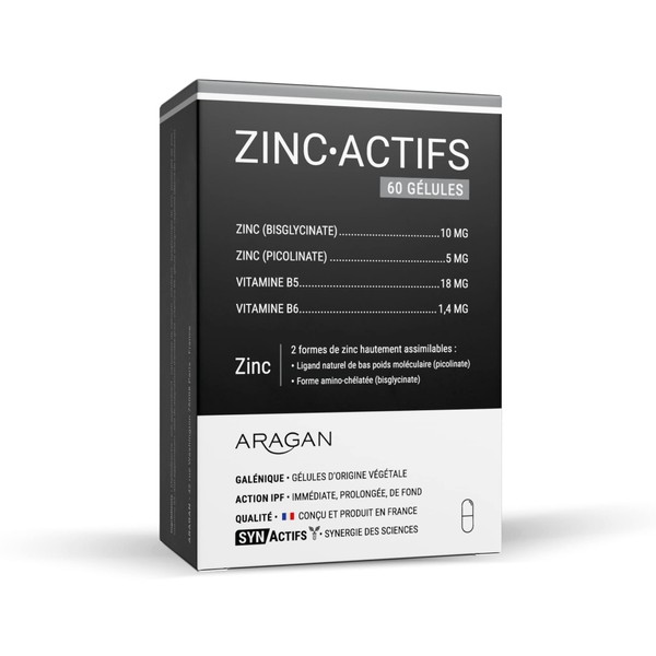 ARAGAN - Synactives - Zincactives - Immunity and Skin Supplement - Zinc, Vitamins B5 and B6 - 60 capsules - 1 month taken - Made in France