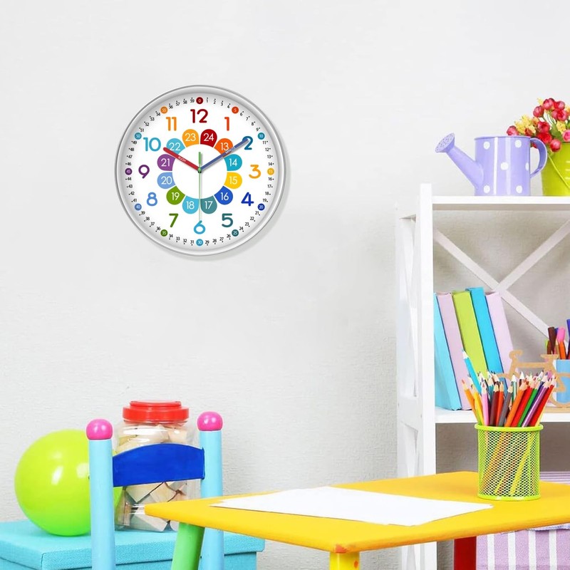 XFM Kids Wall Clock12 Inch Silent Non Ticking Kids Teaching