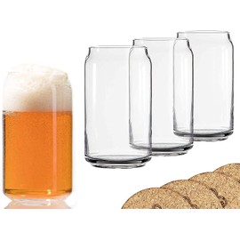 Ecodesign Drinkware Beer Glass Can Shaped 16 oz - Pint Beer Glasses 4 PACK w/coasters