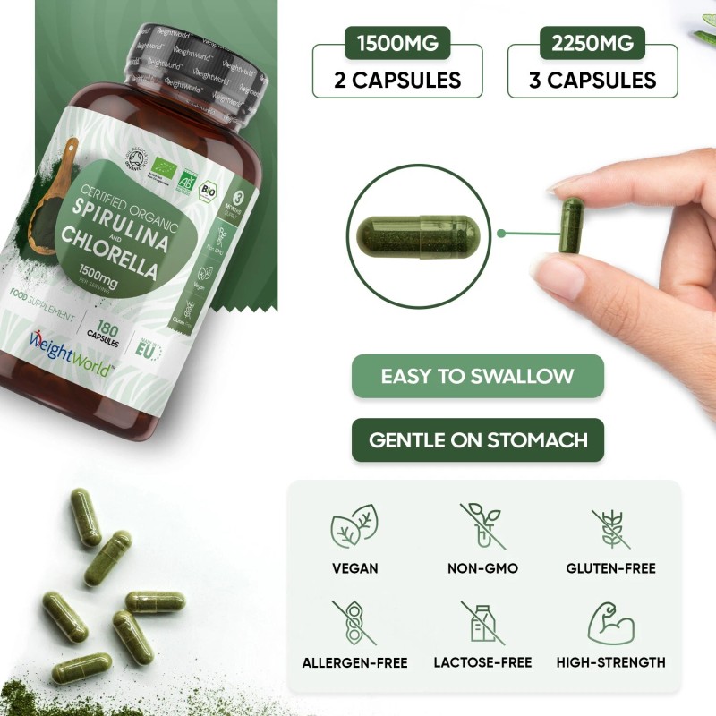 Spirulina Chlorella - 180 organic capsules - Immune & Digestive