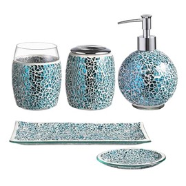 5-Piece Mosaic Glass Bathroom Accessory Set, Turquoise Blue Crackle Design, Soap Dispenser, Toothbrush Holder, Tumbler, Tray, Soap Dish