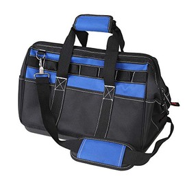 Tahoe Trails 16" Wide Mouth Tool Bag and Organizer for Home, Workshop, or Job Site, Molded Waterproof Base with 21 Pockets and 7 Belt Loops, Padded Handle, Adjustable Shoulder Strap