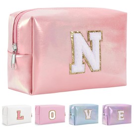 Yintry Makeup Bag Set Organizer Cotton Letter Cosmetic Pouch Large Capacity Travel Toiletry Bag Women Girls Birthday Gifts Portable Brush Storage Bag with Divider and Handle