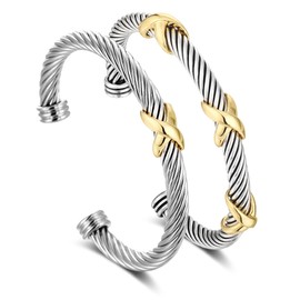 Aprilery 2 Pcs Cable Wire Bangle Bracelets for Women, Wire Twisted Bracelet Cuff Bangle Cross, Stainless Steel Two Tone Bracelets Jewelry Gifts