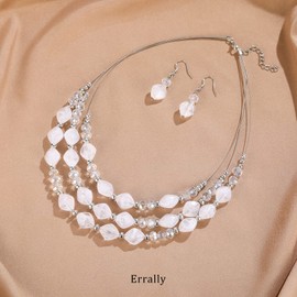 3 Layered Chunky Statement Necklace for Women Beaded Strand Necklaces with Earring Fashion Costumes Collar Necklace Jewelry Sets Gifts for Women(White)