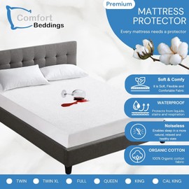 Comfort Beddings 100% Organic Cotton Mattress Protector Alberta King Mattress Cover 250GSM, Waterproof, Noiseless Fitted Bed Cover Protector with 18" Deep Pocket