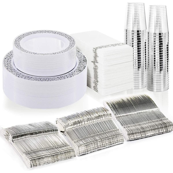 BUCLA 350PCS Silver Plastic Plates with Disposable Plastic Silverware&Hand Napkins, Silver Plastic Dinnerware Lace Design include 100 Plates,50 Forks, 50 Knives, 50 Spoons,50Cups,50 Disposable Napkins