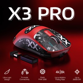 ATTACK SHARK X3PRO 4K/8K Lightweight Wireless Gaming Mouse with Tri-Mode(Wired/2.4GHz/BT),PAW3395 Optical Sensor,26K DPI,Kailh GM8.0 Switch,Long Battery,7 Buttons for PC/Laptop/Win/Mac(Red+Sticker)