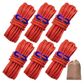 DaLaCa Paracord Tent Rope, Reflective Material, Thickness 0.16 / 0.20 in (4 / 5 mm), Length 13.1 ft (4 m), Load Capacity 661.4 lbs (300 kg), Universal Fittings, Storage Bag Included, Red, Set of 6