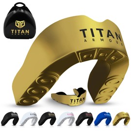 Titan Armour® Gum Shield | Dual-Layer | Adults & Junior Custom-Fit Mouth Guard | Case Inc | Boil & Bite Mouthguard Boxing, Rugby, Hockey & All Contact Sports | UK Brand (Solid Gold, Junior Under 11)