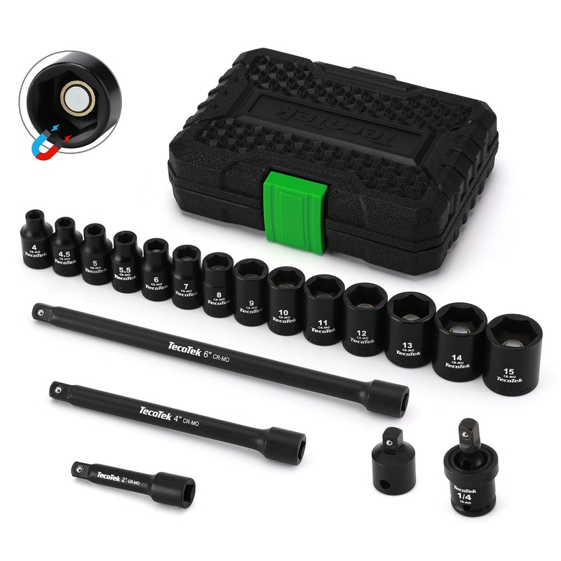 TecoTek 19-Piece 1/4" Drive Shallow Magnetic Impact Socket Set, Metric,