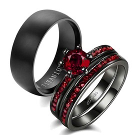 Juego de dos anillos de boda para él y ella, anillos a juego para mujer, 2 piezas, con relleno de oro negro, circonita cúbica, rojo, anillos de compromiso para boda, anillos de boda de titanio para