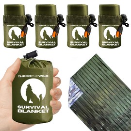Thrive The Wild Premium 4-Pack Ultra-Durable Emergency Blankets - Extra-Thick, Waterproof Mylar with Whistles, Storage Pouches - Ideal for Camping, Hiking & Survival Gear