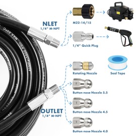Twinkle Star Sewer Jetter Kit for Pressure Washer 50FT Hose, 1/4 Inch NPT, 5800 PSI Drain Cleaning Hose, Button Nose & Rotating Sewer Jetting Nozzle, Orifice 4.0, 4.5, 5.5