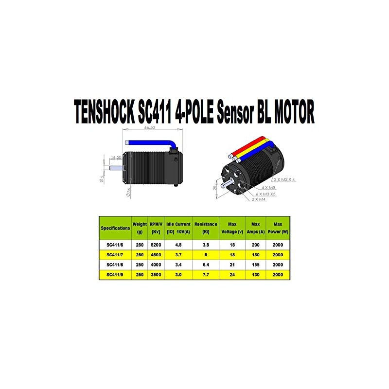 Tenshock 4 Pole SC411-3500KV Sensored Brushless Motor RC 1/10 Short
