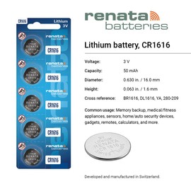 Renata CR1616 Batteries - 3V Lithium Coin Cell 1616 Battery (2 Count)