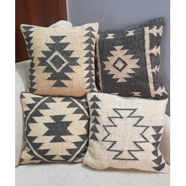 Indian Jute Pillow Cover Handwoven Rug Cushion Cover Kilim Pillow Case 18x18 Inches Boho Home Decor Cushion Case Oriental Cushion Cover Decorative Throw Pillows set of 4 (Multicolor 5)