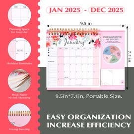 CAGIE Desk Calendar 2025 Standing Flip, Small Desk Calendar 2025 Stand up Desk Calendar from Jan 2025 - Dec 2025, Desktop Calendar 2025 with Sticky Notes and Roulette, 9.5"×7.2", Bloomy Flowers Pink