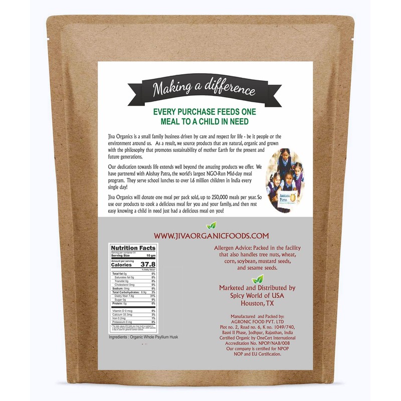 Jiva Organics Whole Psyllium Husk (Isabgol) 1.75 LB (28 Oz)