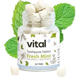 Vital - Vital Toothpaste Tabs with Nano-Hydroxyapatite | Naturally Whitens + Remineralizes Teeth | Fluoride & Plastic Free | Combats Sensitivity | Travel & Eco Friendly | Fresh Mint | 62 Tablets (1 Month)