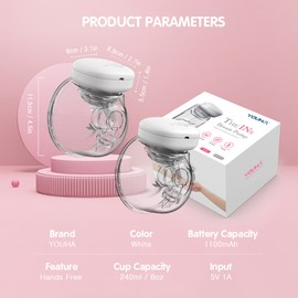 YOUHA 2 Sets Wearable Breast Pump Hands Free Electric Single Portable Wearable Breast Cup 8oz/ 240ml BPA-free 3 Modes 9 Suction Levels Rechargeable Comfort Breastfeeding Milk Collector (28mm Nipple Diameter)
