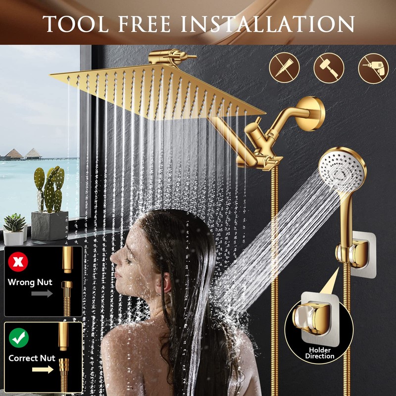 10" Gold Shower Head with Handheld, 5 Spray Handheld with
