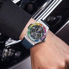PINDU Automatic Watches for Men, Skeleton Watches for Men Analog Tourbillon Watch Wandering Earth Series Colored Rhinestone Mechanical Watch Blue Silicone Strap