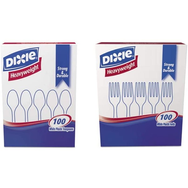 VALUE PACK: DixieÂ® Plastic Tableware, 100 Heavyweight Teaspoons, & 100 Heavyweight Forks, White (200 Pieces)
