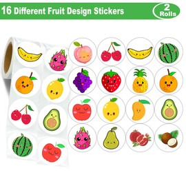 Hohamn 600 Pcs Fruit Stickers for Kids Teachers 1.5 Inch 16 Styles Cute Apple Banana Strawberry Watermelon Mango Fruit Stickers Roll for Kids Birthday Party School Reward Giveaways